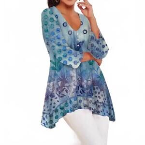 NEW KAMANA 3/4 sleeves vneck unlined tunic in blue
